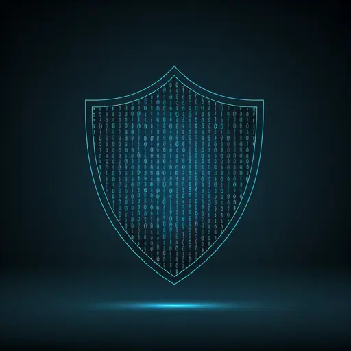 Digital shield icon with binary code in the background, representing cybersecurity and data protection